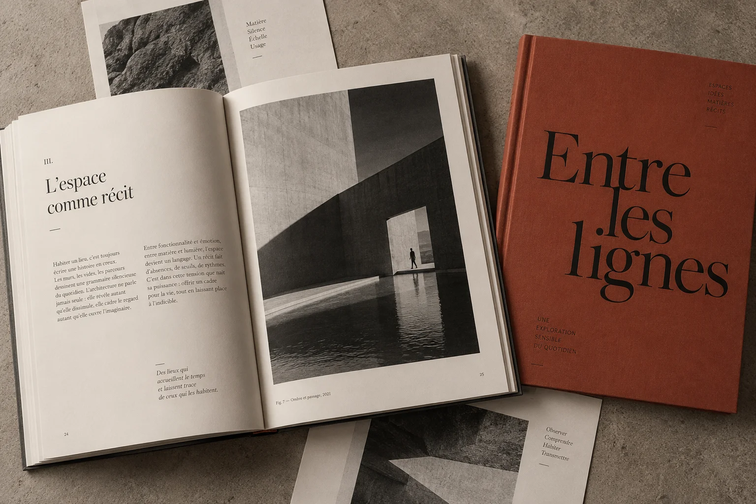 Original editorial presentation study with an open art book and a rust-red typographic cover.