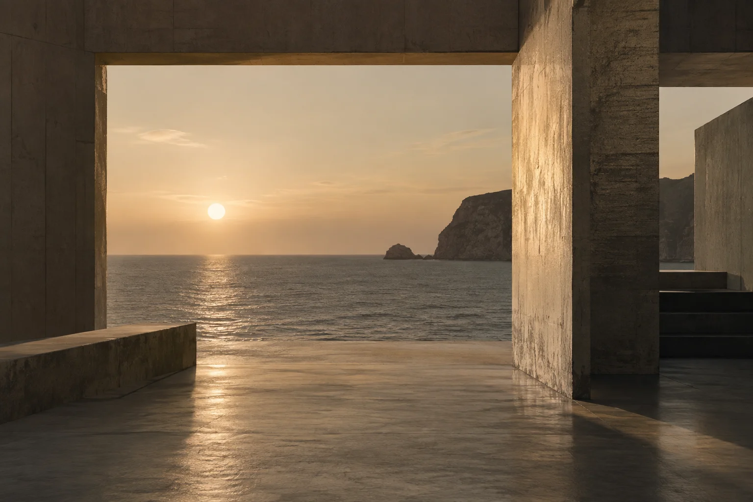 Generated image study of a concrete architectural opening framing a quiet sea and evening sun.