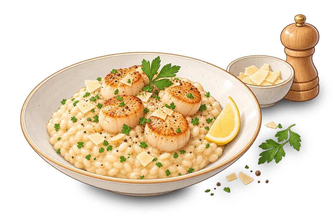 Risotto crémeux aux Saint-Jacques on a plate