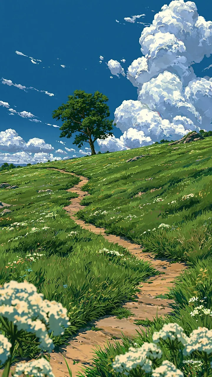 Green hill beneath a bright blue sky