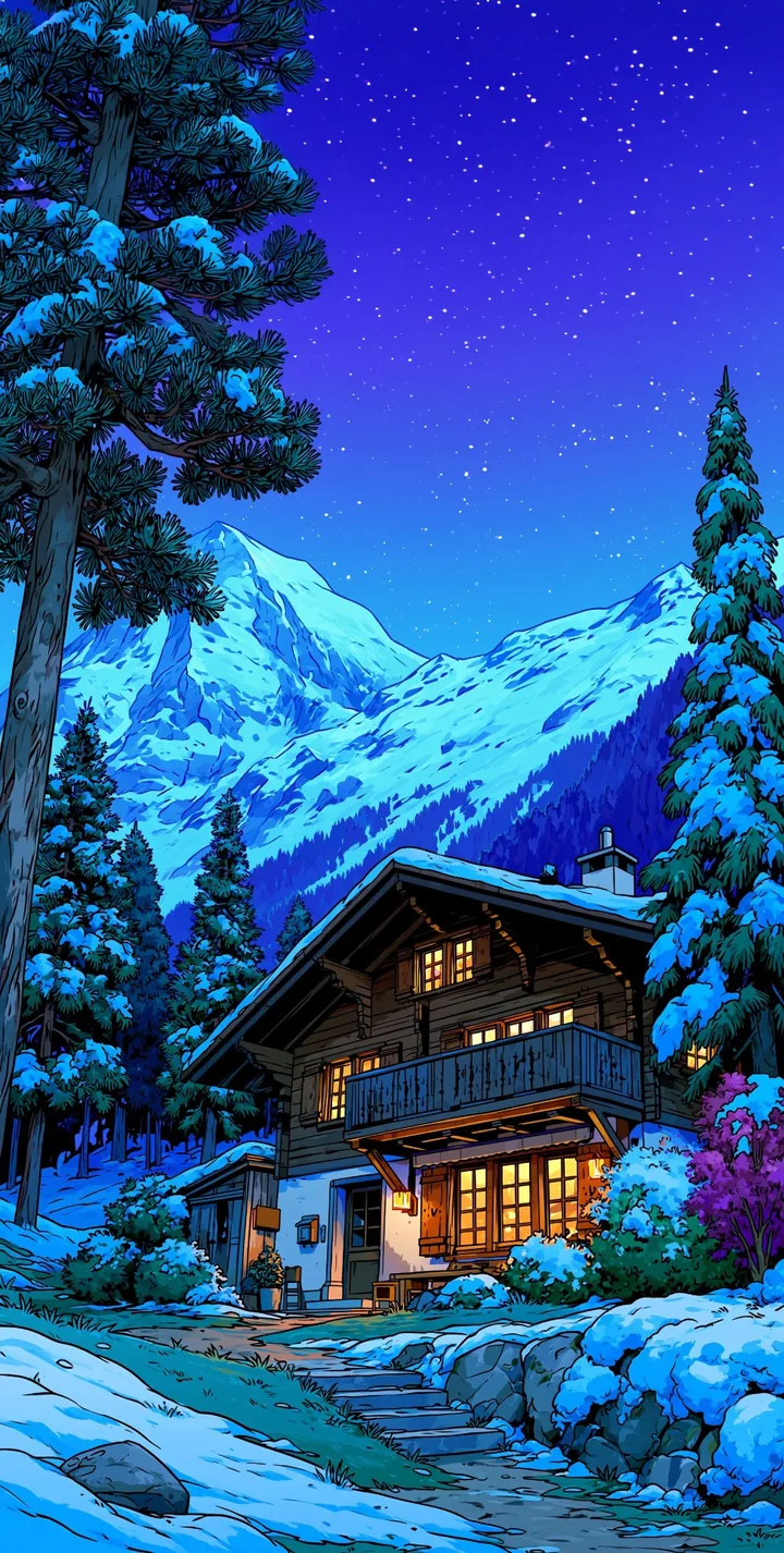Illustrated cabin below blue mountains at night